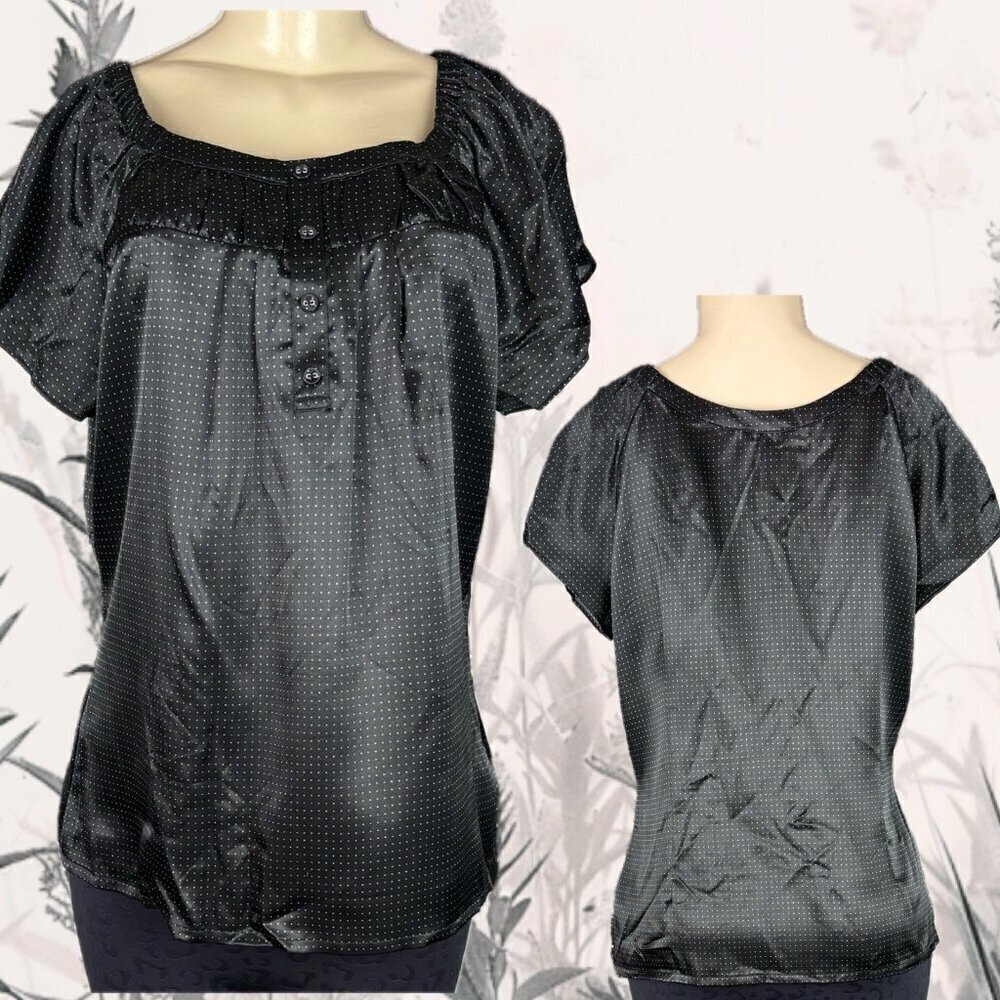Apt 9 L Black Satin White Dot Print Scoop Neck Button Accent Short Sleeve Blouse